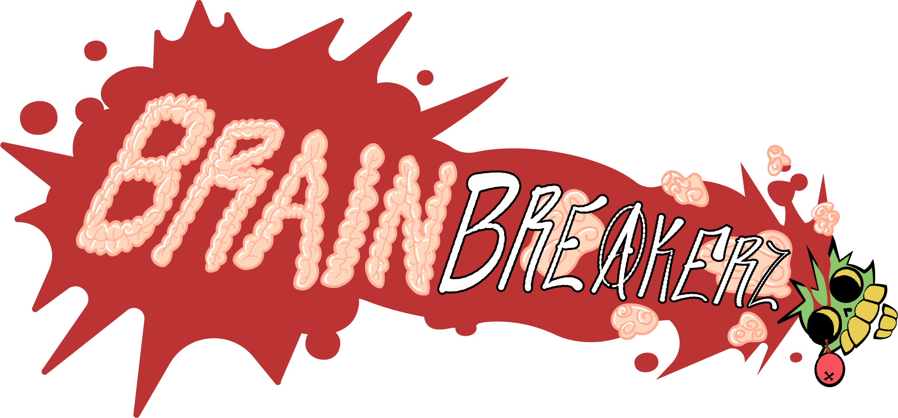 Logo for the indie rhythm game 'BRAINBREAKERZ'. The logo is partially stylized brain matter, paired with a cartoony spray of blood coming from a cartoon zombie head.